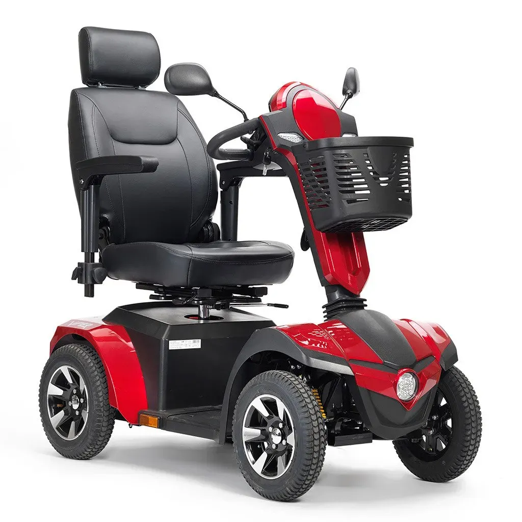 A black and red mobility scooter