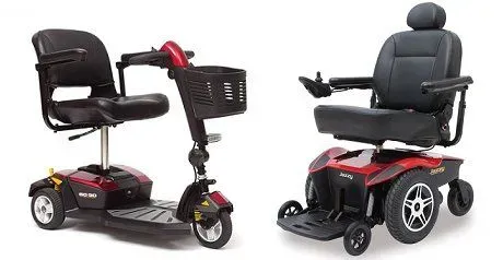 A red and black mobility scooter and electric wheelchair, side by side